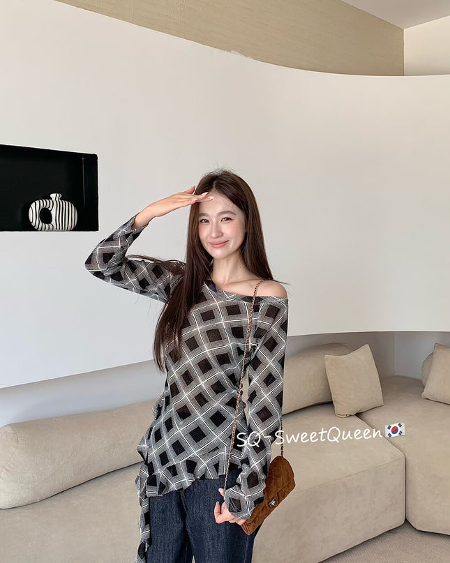 Retro Plaid One-Shoulder Slim Fit Asym Top
