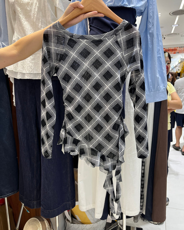 Retro Plaid One-Shoulder Slim Fit Asym Top