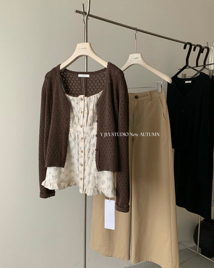 Cutout Knit Cardigan + Floral Cami + Wide-Leg Pants Set