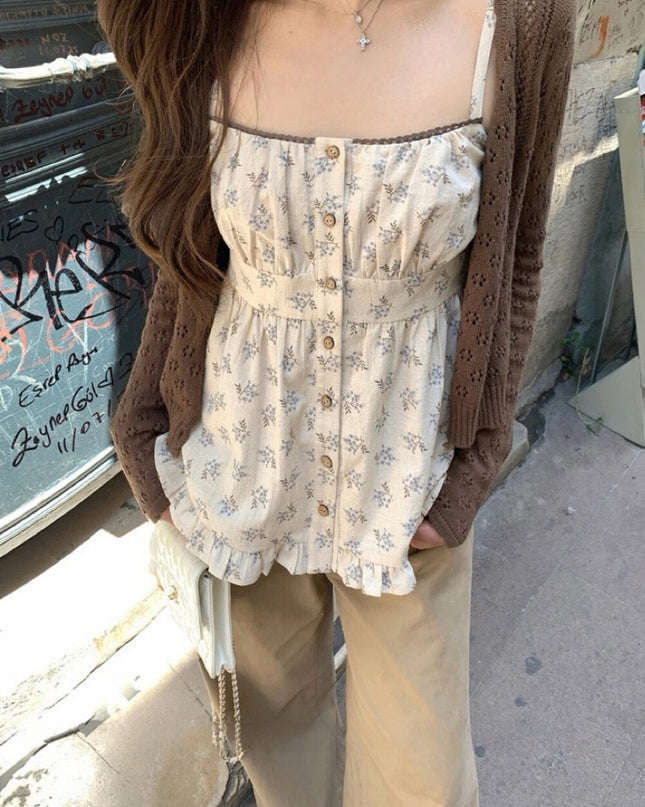 Cutout Knit Cardigan + Floral Cami + Wide-Leg Pants Set