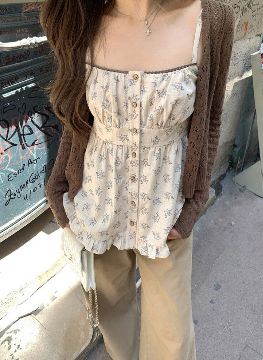 Cutout Knit Cardigan + Floral Cami + Wide-Leg Pants Set