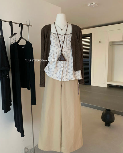 Cutout Knit Cardigan + Floral Cami + Wide-Leg Pants Set