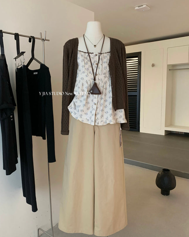 Cutout Knit Cardigan + Floral Cami + Wide-Leg Pants Set