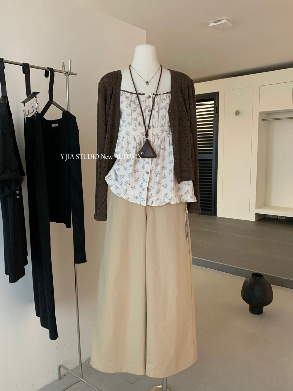 Cutout Knit Cardigan + Floral Cami + Wide-Leg Pants Set