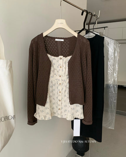 Cutout Knit Cardigan + Floral Cami + Wide-Leg Pants Set