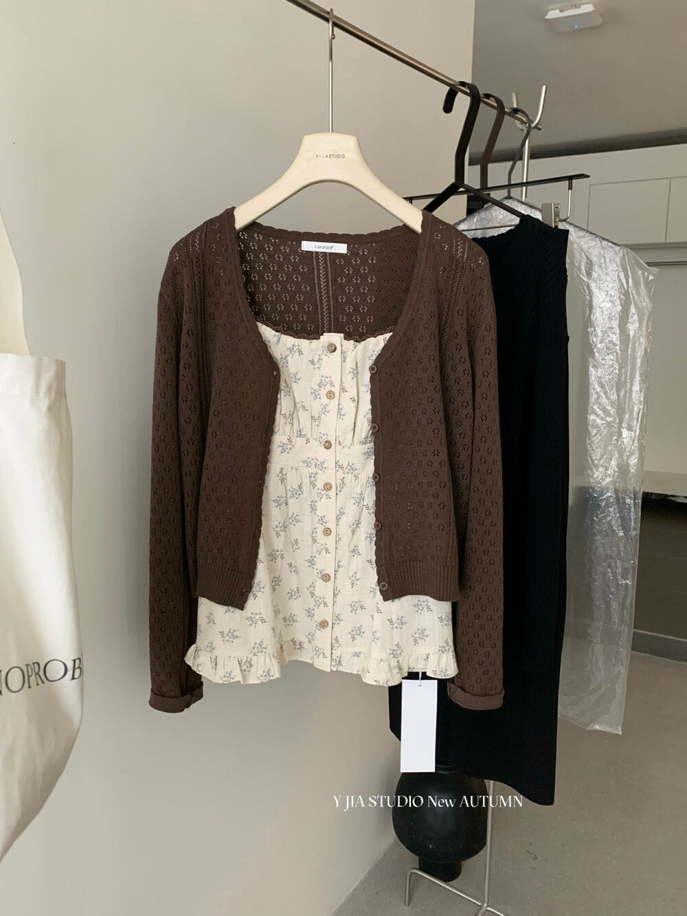 Cutout Knit Cardigan + Floral Cami + Wide-Leg Pants Set