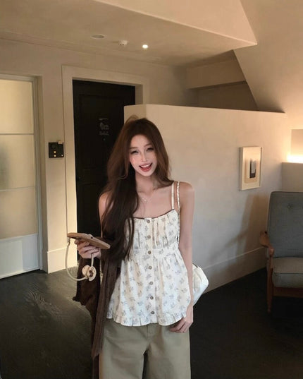 Cutout Knit Cardigan + Floral Cami + Wide-Leg Pants Set