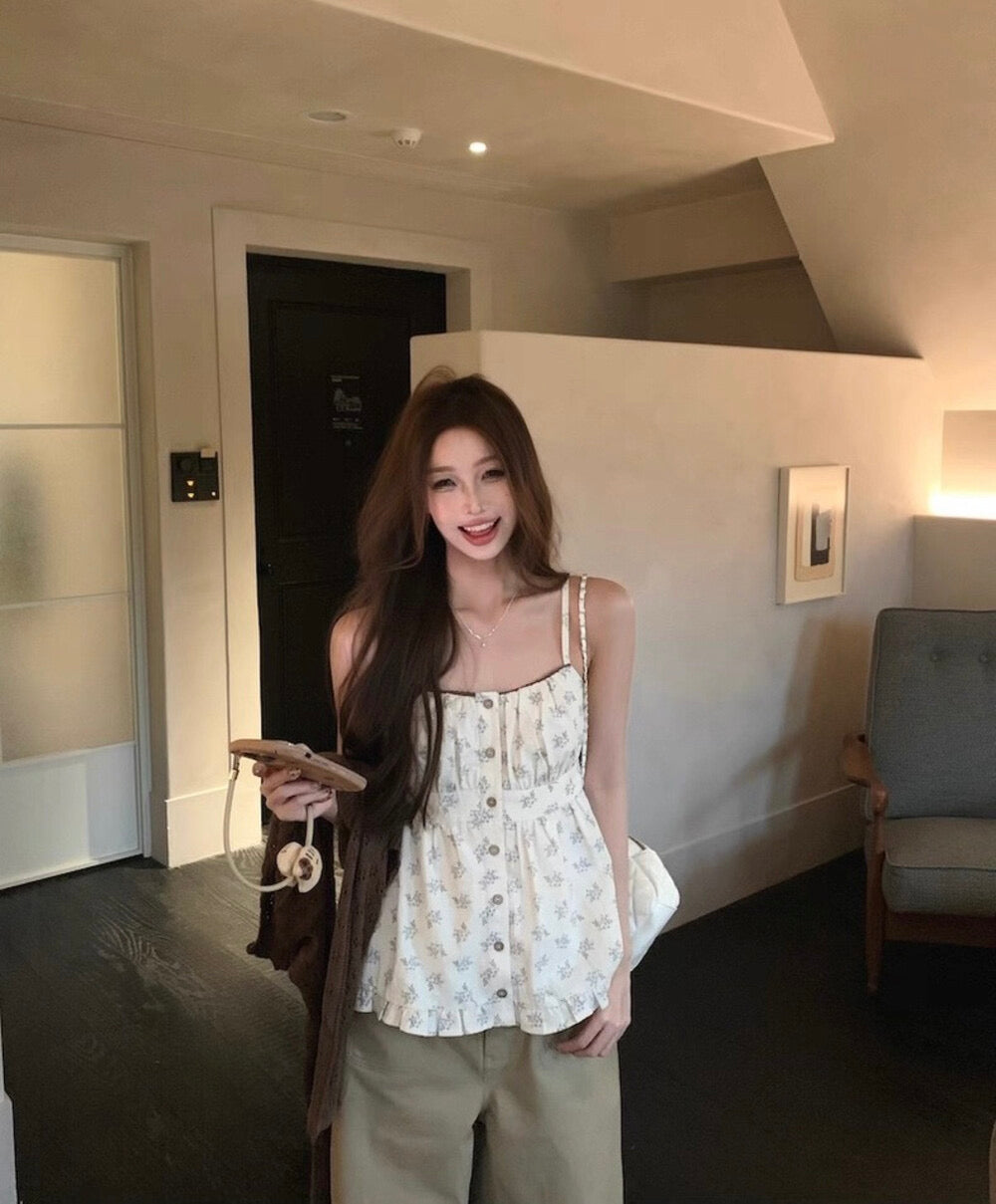 Cutout Knit Cardigan + Floral Cami + Wide-Leg Pants Set