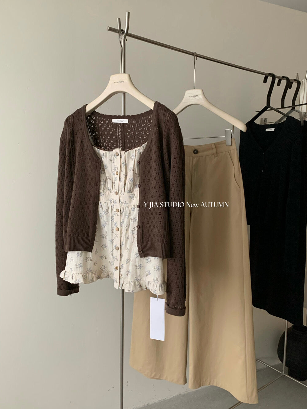 Cutout Knit Cardigan + Floral Cami + Wide-Leg Pants Set