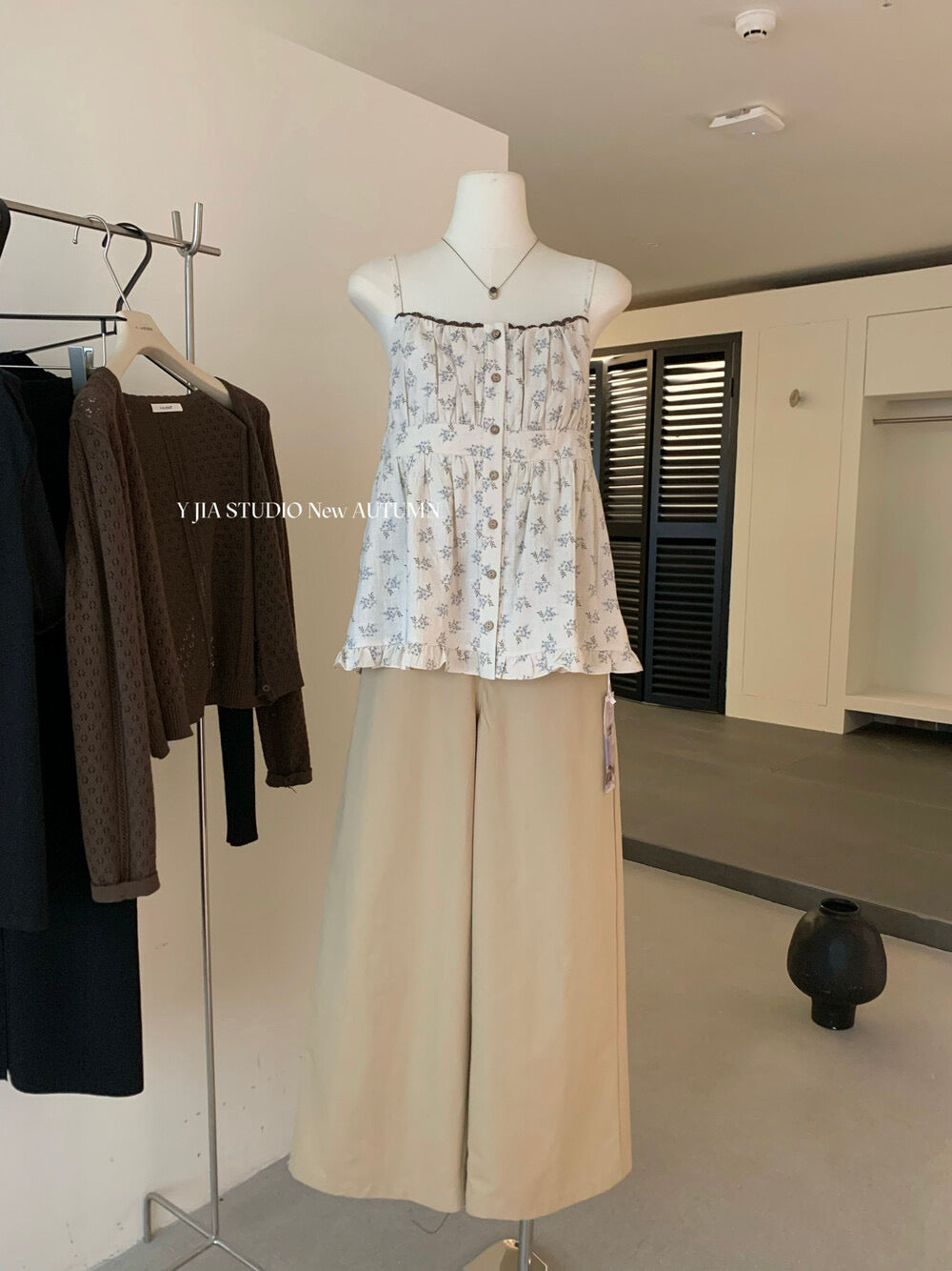 Cutout Knit Cardigan + Floral Cami + Wide-Leg Pants Set