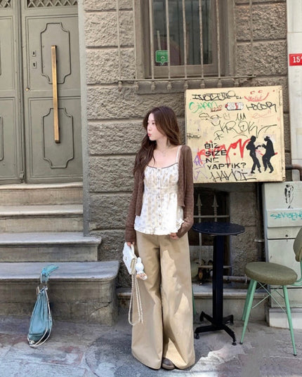 Cutout Knit Cardigan + Floral Cami + Wide-Leg Pants Set