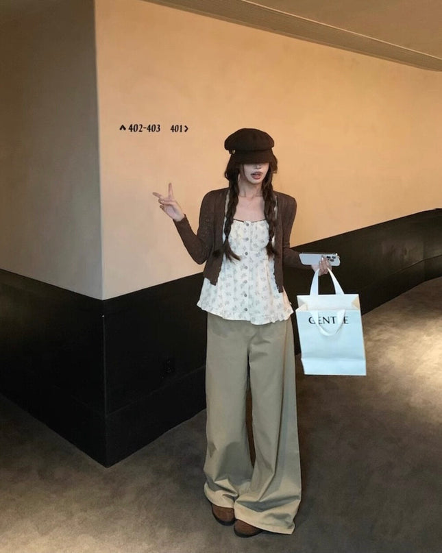 Cutout Knit Cardigan + Floral Cami + Wide-Leg Pants Set