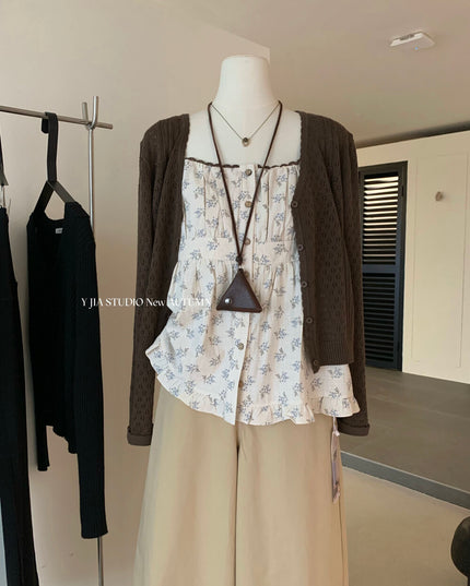 Cutout Knit Cardigan + Floral Cami + Wide-Leg Pants Set