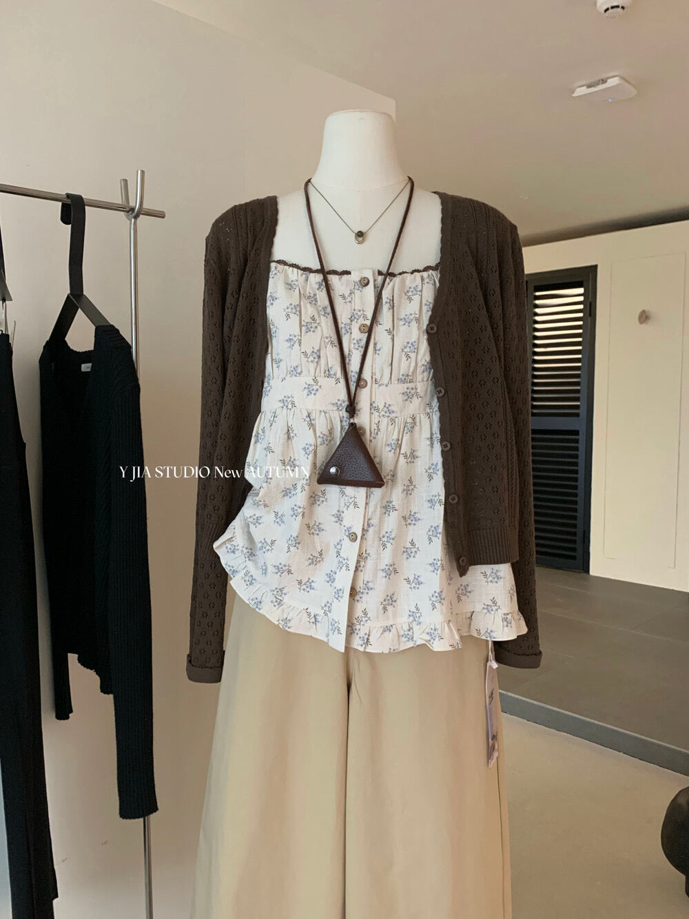 Cutout Knit Cardigan + Floral Cami + Wide-Leg Pants Set