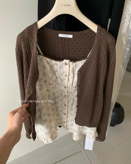 Cutout Knit Cardigan + Floral Cami + Wide-Leg Pants Set