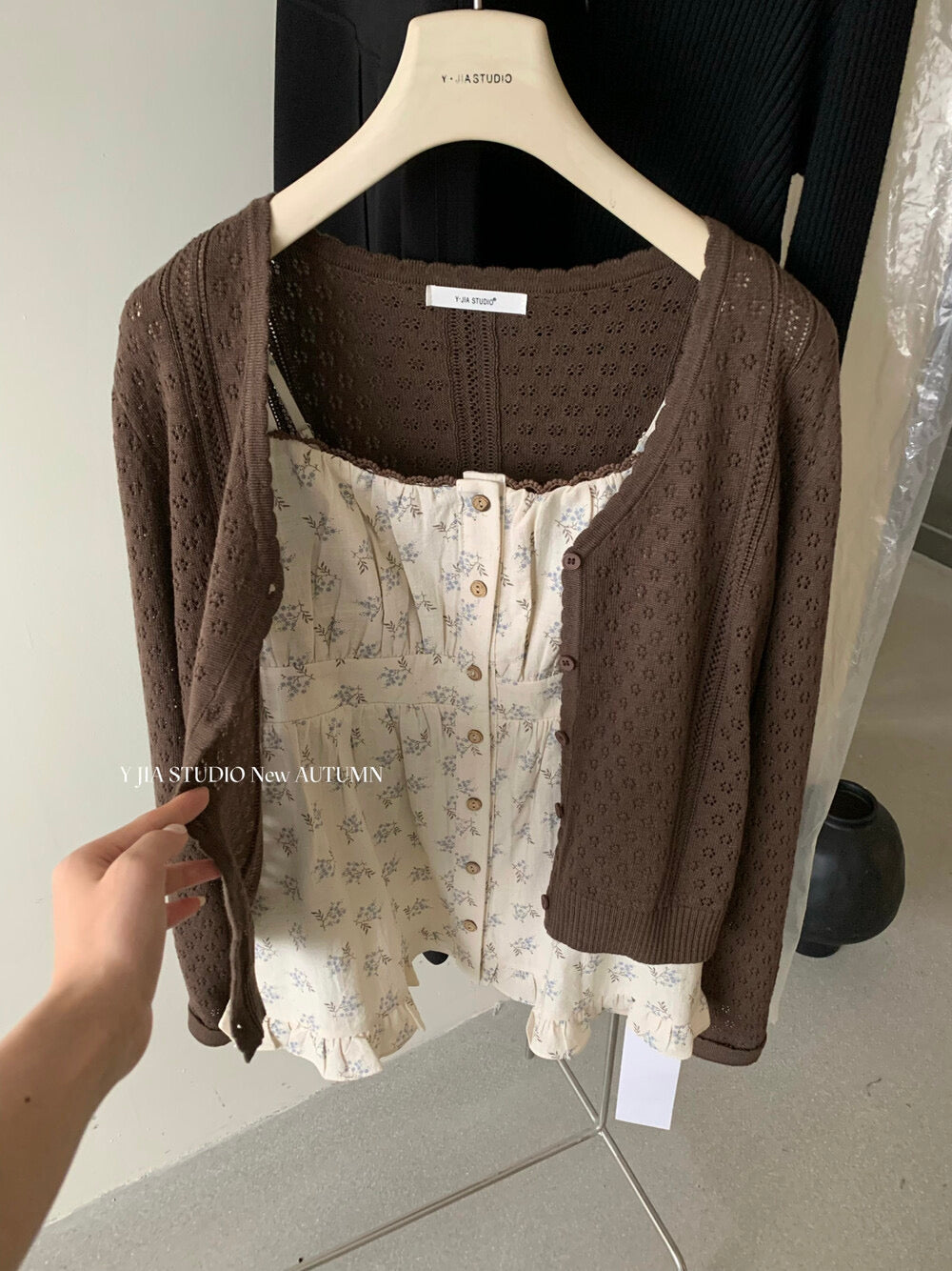 Cutout Knit Cardigan + Floral Cami + Wide-Leg Pants Set