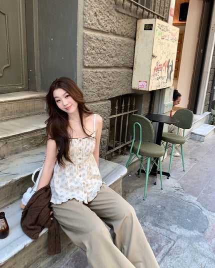 Cutout Knit Cardigan + Floral Cami + Wide-Leg Pants Set