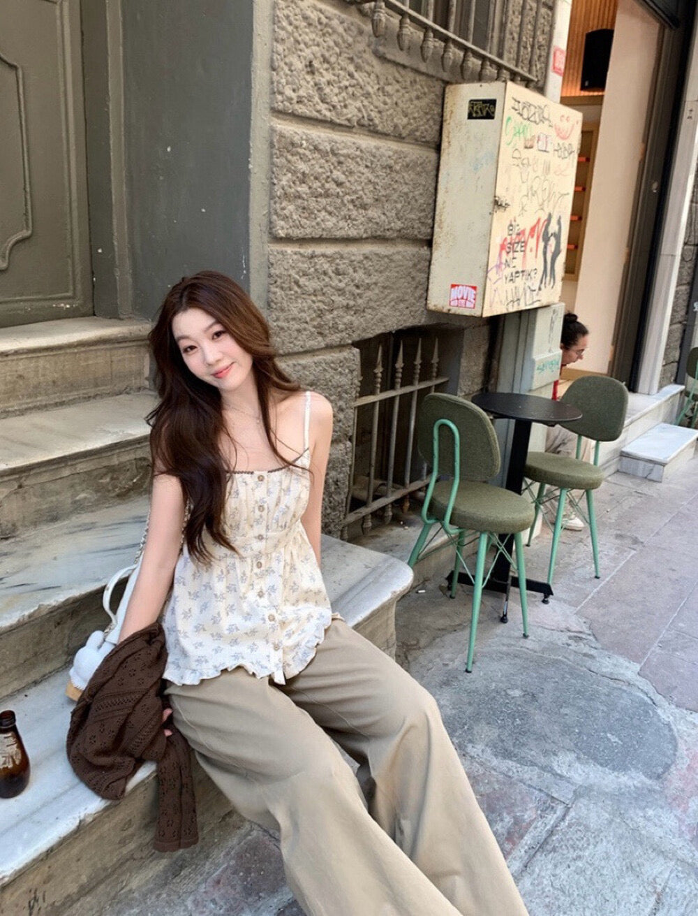 Cutout Knit Cardigan + Floral Cami + Wide-Leg Pants Set