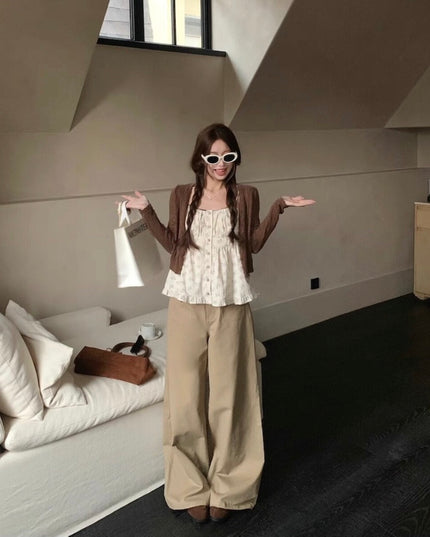 Cutout Knit Cardigan + Floral Cami + Wide-Leg Pants Set