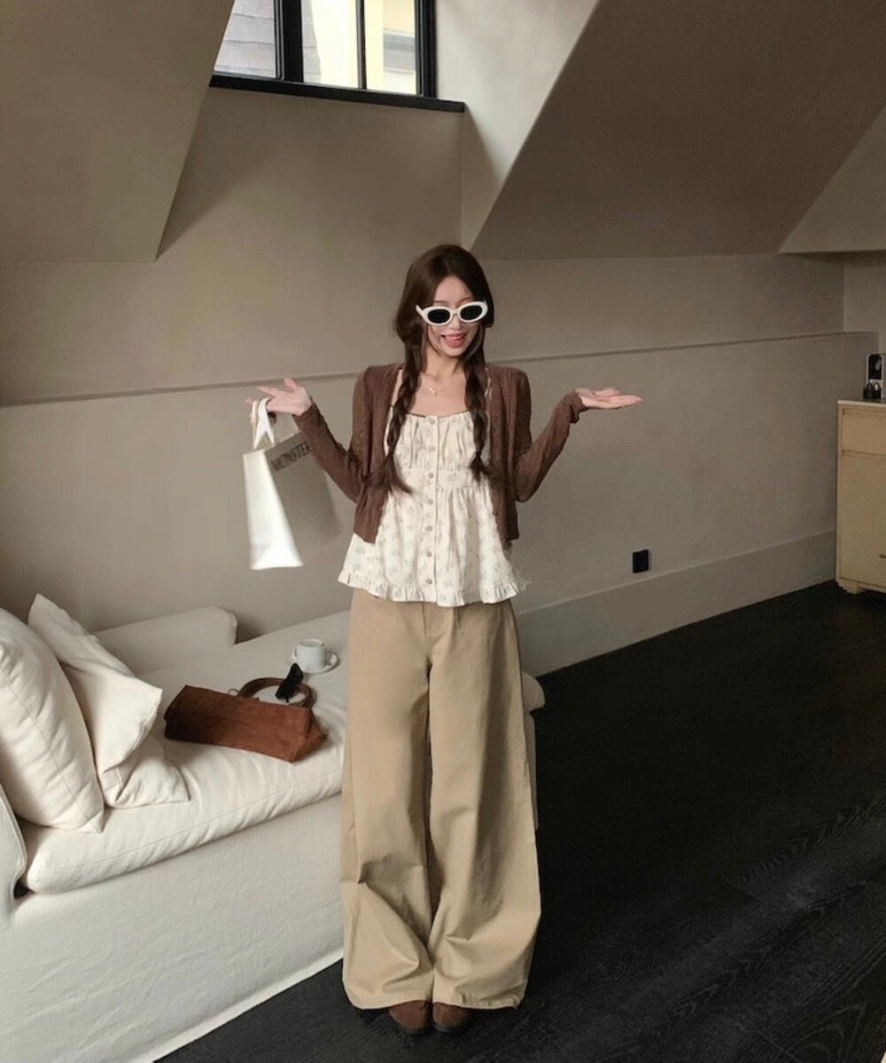Cutout Knit Cardigan + Floral Cami + Wide-Leg Pants Set