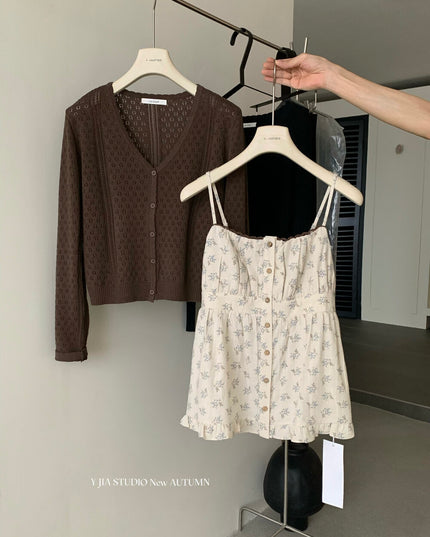 Cutout Knit Cardigan + Floral Cami + Wide-Leg Pants Set