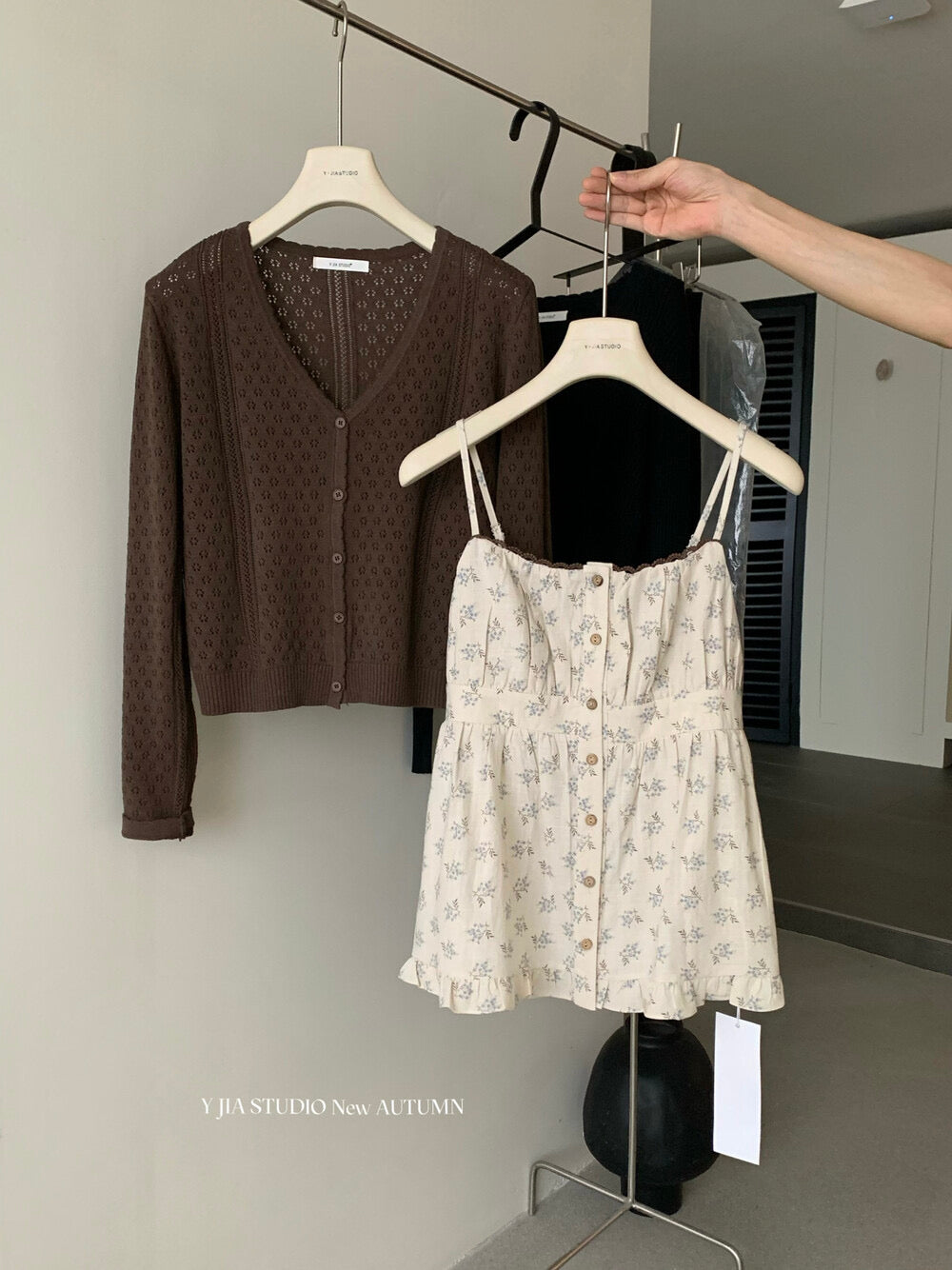Cutout Knit Cardigan + Floral Cami + Wide-Leg Pants Set