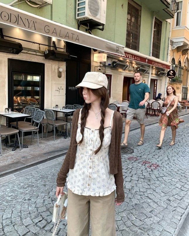 Cutout Knit Cardigan + Floral Cami + Wide-Leg Pants Set