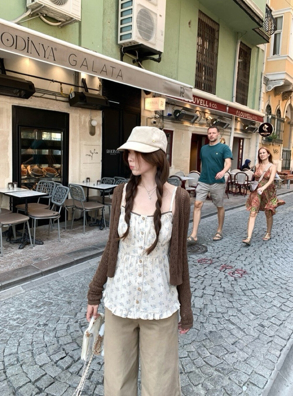 Cutout Knit Cardigan + Floral Cami + Wide-Leg Pants Set