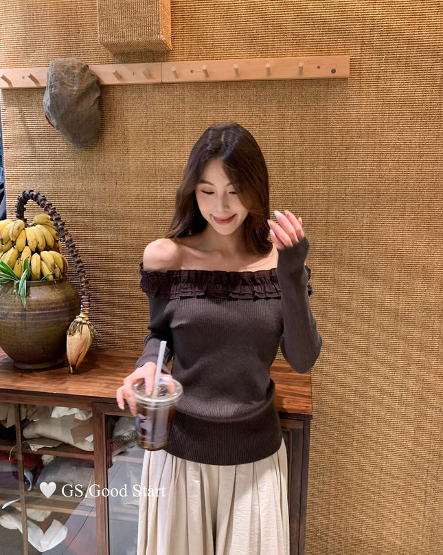 Ruffle Trim Off-Shoulder Knit Top