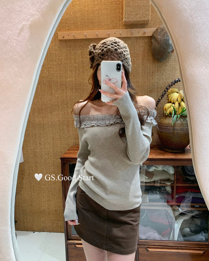 Ruffle Trim Off-Shoulder Knit Top