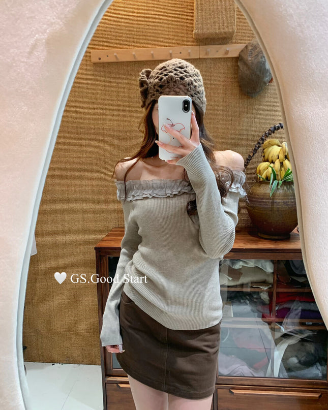 Ruffle Trim Off-Shoulder Knit Top