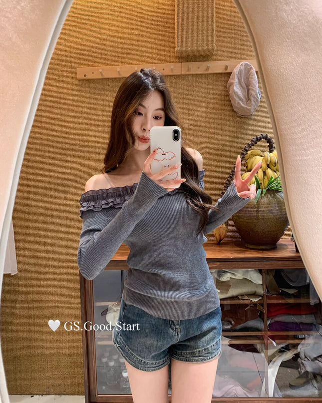 Ruffle Trim Off-Shoulder Knit Top
