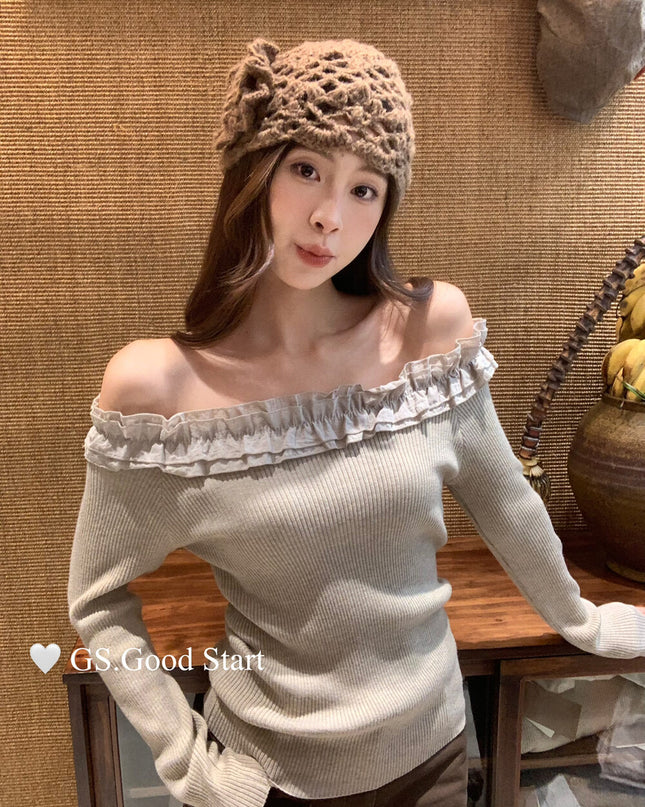 Ruffle Trim Off-Shoulder Knit Top