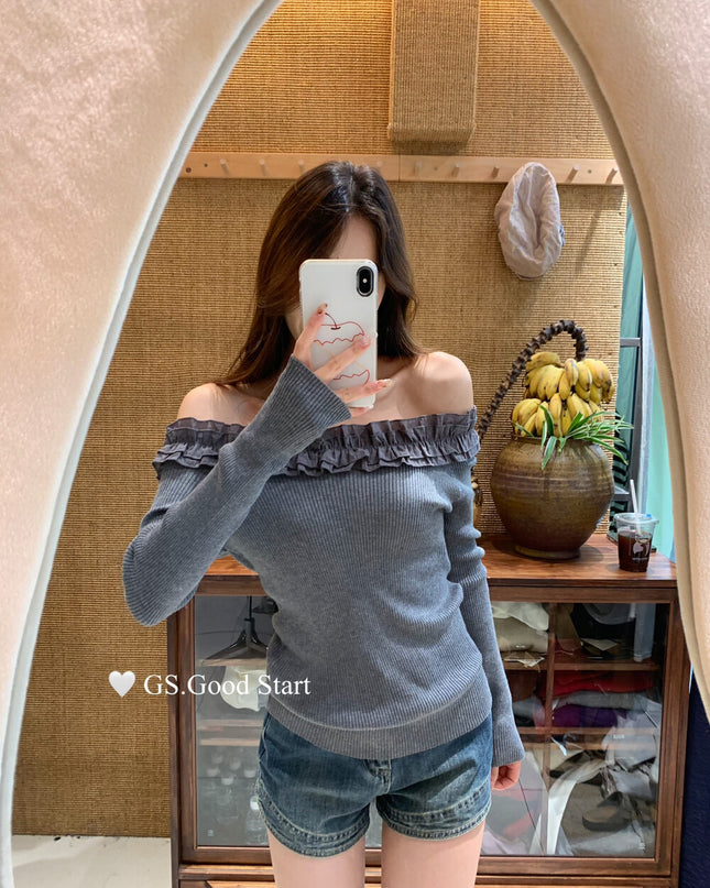 Ruffle Trim Off-Shoulder Knit Top
