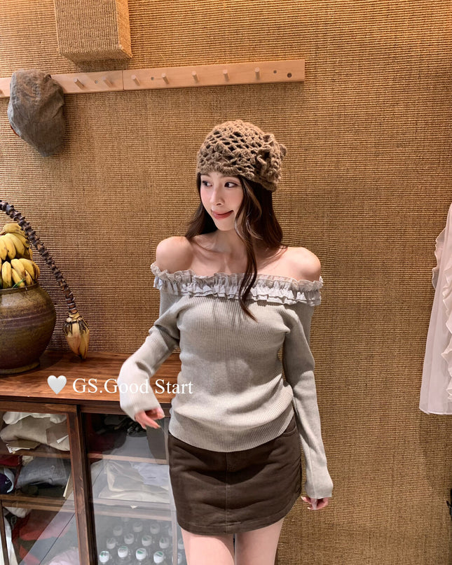 Ruffle Trim Off-Shoulder Knit Top