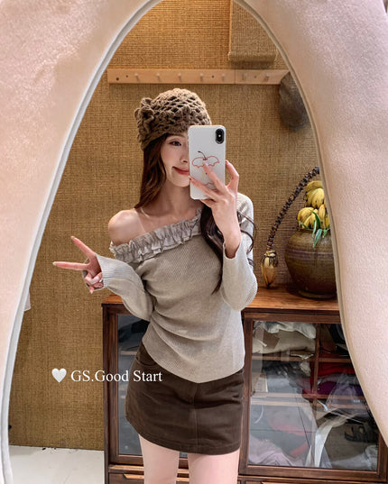 Ruffle Trim Off-Shoulder Knit Top