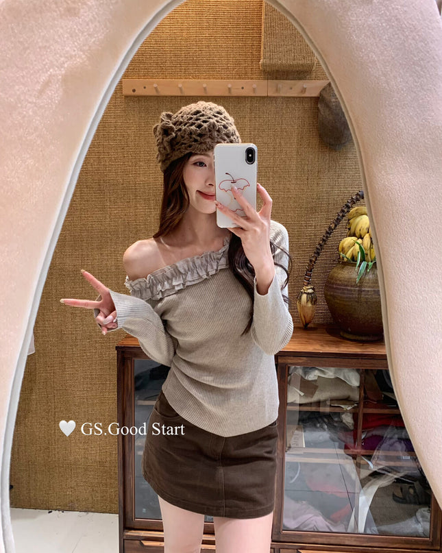 Ruffle Trim Off-Shoulder Knit Top
