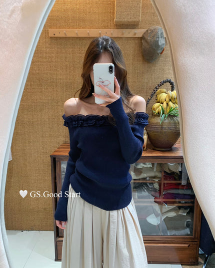 Ruffle Trim Off-Shoulder Knit Top