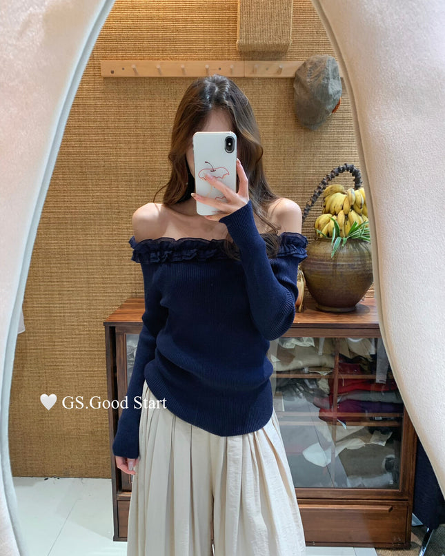 Ruffle Trim Off-Shoulder Knit Top