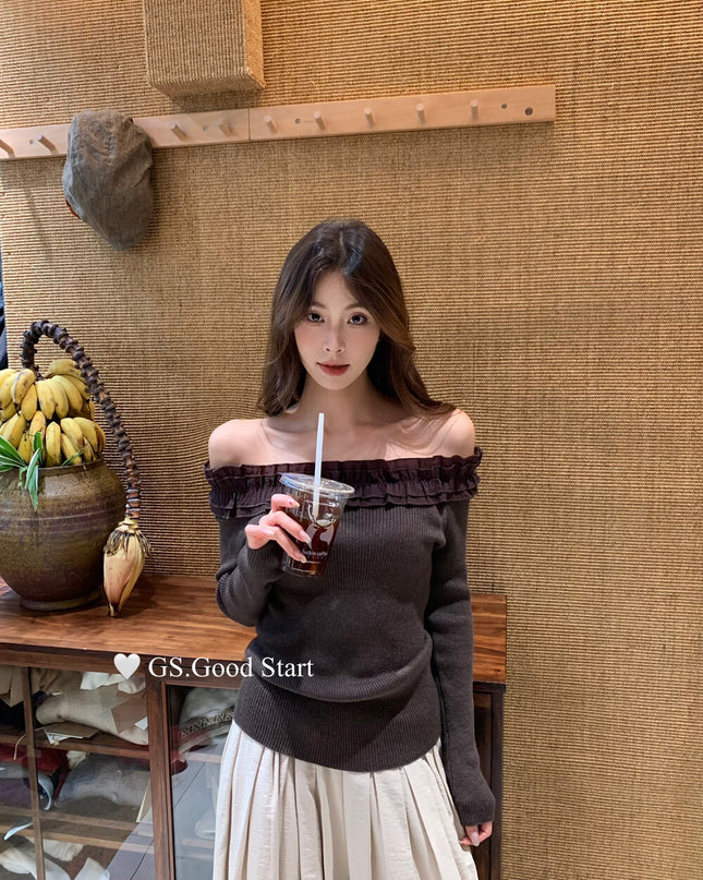 Ruffle Trim Off-Shoulder Knit Top