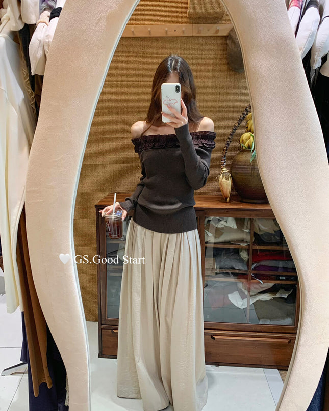 Ruffle Trim Off-Shoulder Knit Top