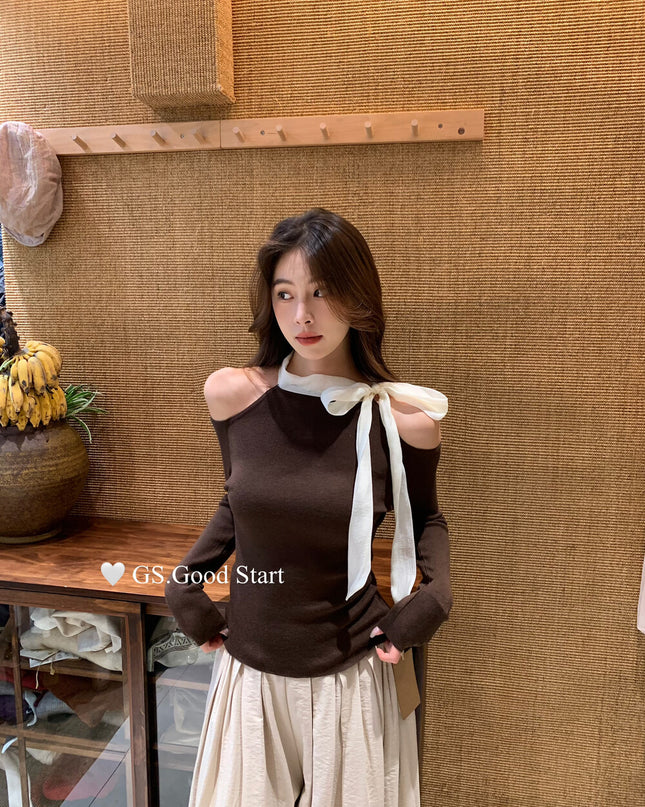 Sweet Bow Off-Shoulder Knit Top