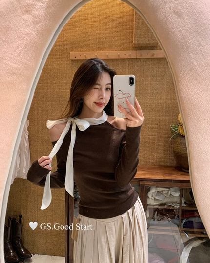 Sweet Bow Off-Shoulder Knit Top