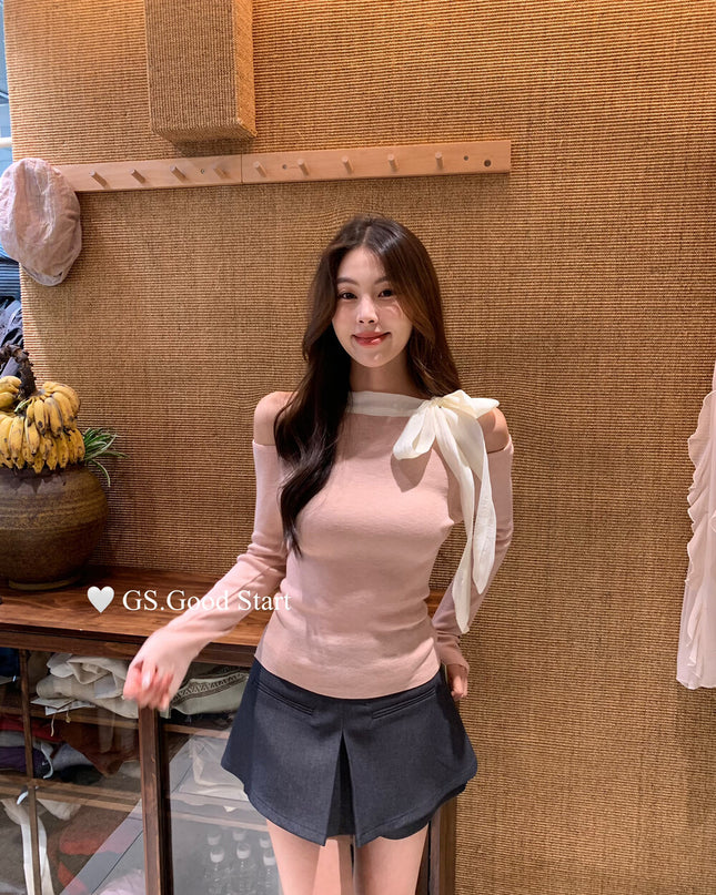 Sweet Bow Off-Shoulder Knit Top