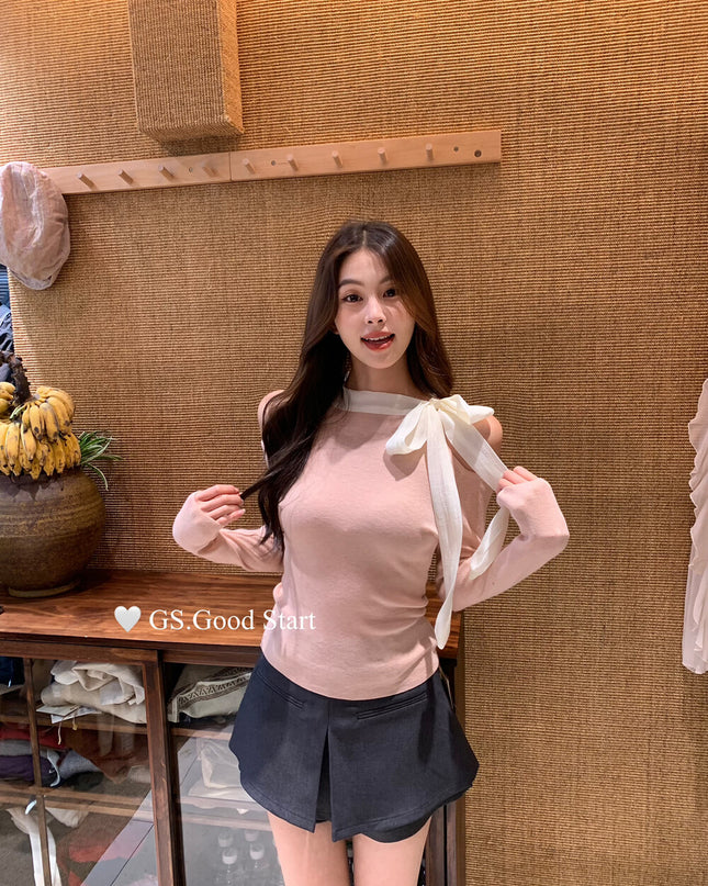 Sweet Bow Off-Shoulder Knit Top