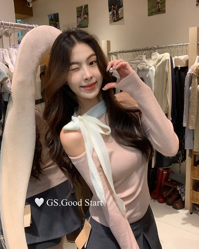 Sweet Bow Off-Shoulder Knit Top