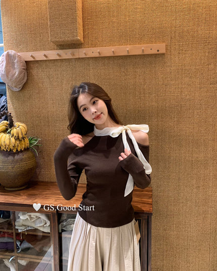 Sweet Bow Off-Shoulder Knit Top