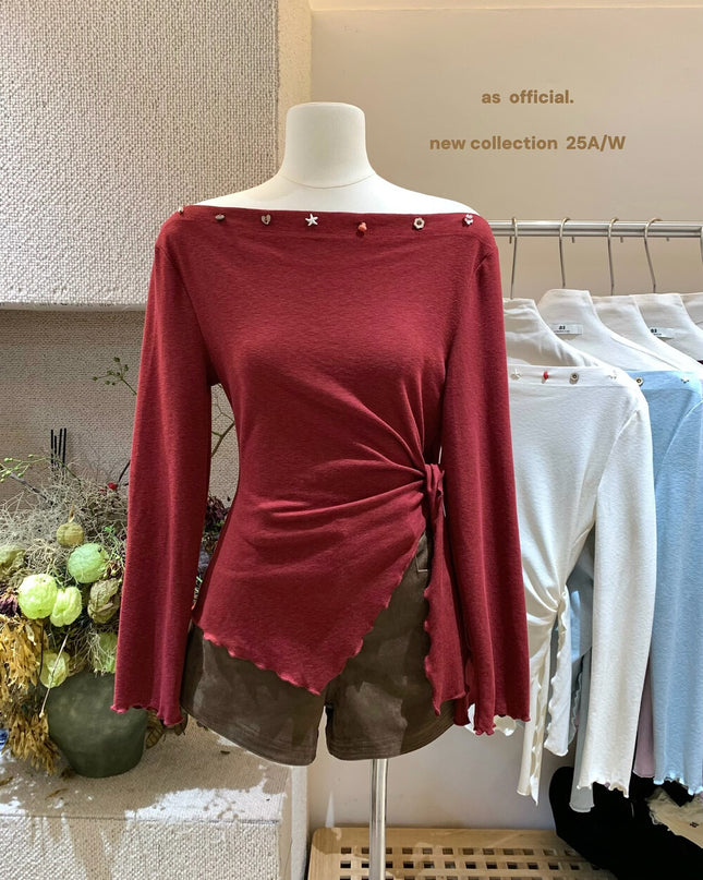 Seabreeze Shell Asym-Tie Off-Shoulder Knit Top (14% Wool)