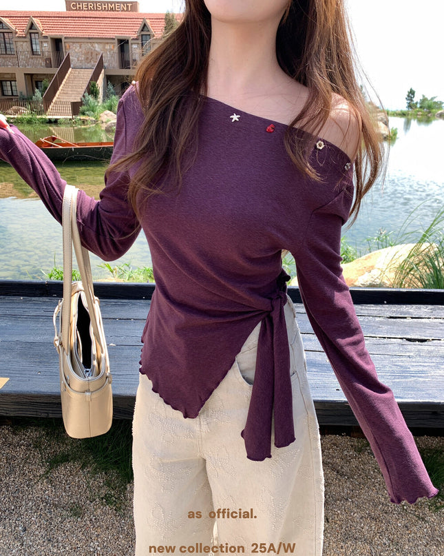 Seabreeze Shell Asym-Tie Off-Shoulder Knit Top (14% Wool)