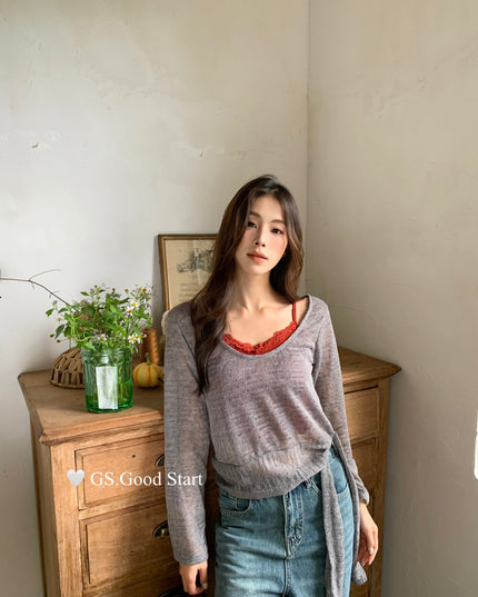 Signature Layered Tie-Waist Blouse + Lace Cami Set
